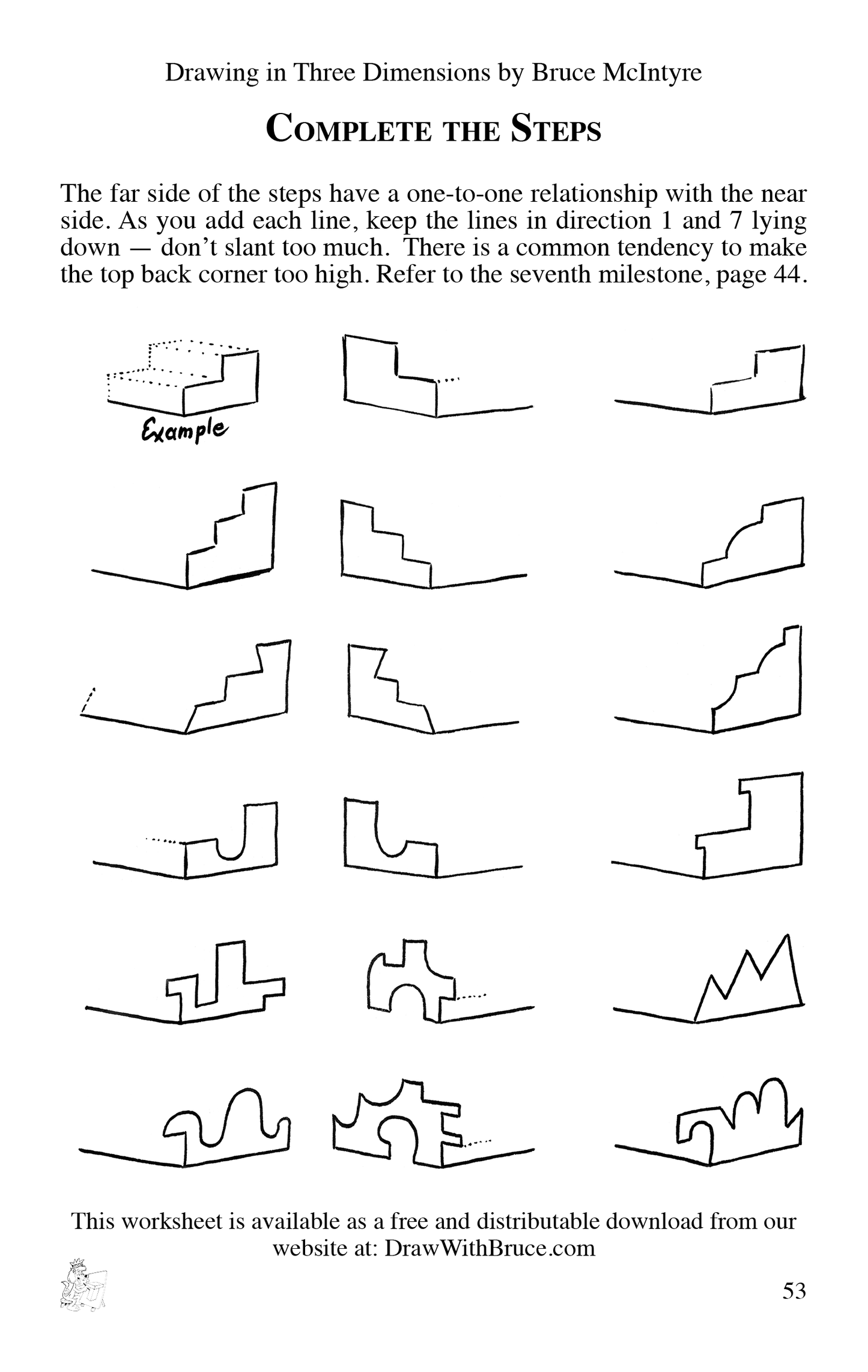 Complete the Steps worksheet sample page from the book Drawing in Three Dimensions by Bruce McIntyre