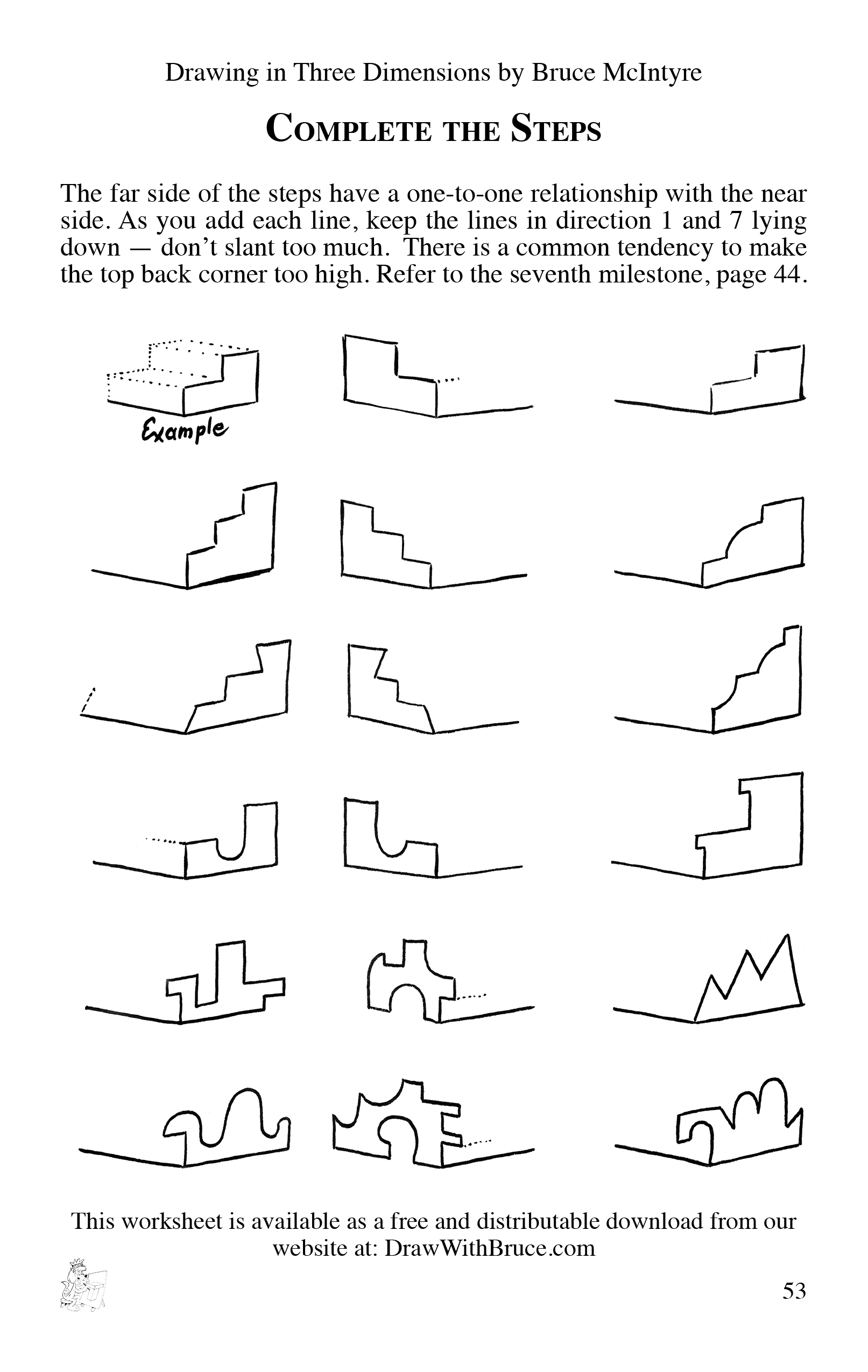 Complete the Steps worksheet sample page from the book Drawing in Three Dimensions by Bruce McIntyre