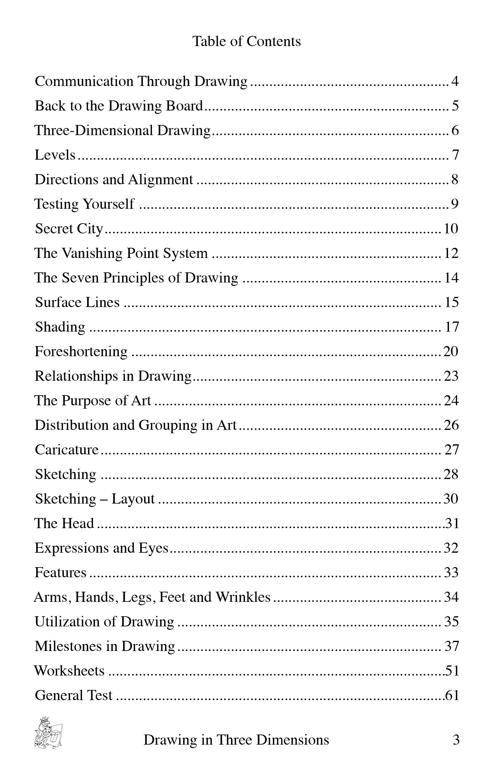 Table of contents from the book Drawing in Three Dimensions by Bruce McIntyre